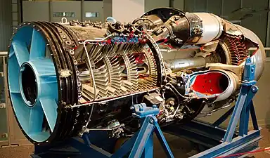 Rolls-Royce Avon early jet engine showing 1 of 2 sets of 3 valves at the top and 1 of 2 valves at the bottom which release some air from the compressor, pressure ratio 7.45:1, for starting and low speed running. Also visible at the front is the row of bearings for the variable inlet guide vanes.