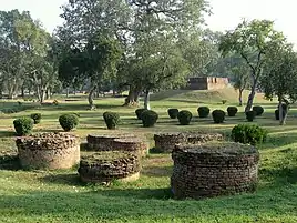 Scene in Jetavana, showing some small stupas