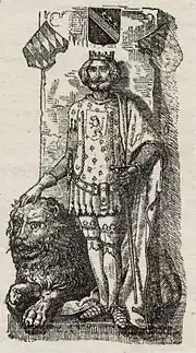 Henry and his lion (title page illustration from Karl Joseph Simrock's retelling of the folktale (1844))