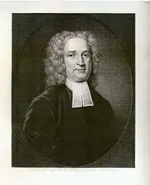 A painting of a man with long curly hair and a slight smile, wearing the bib of a colonial-era minister.