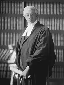 man in his early 50s wearing a lawyers' wig and gown, standing in front of a book shelf