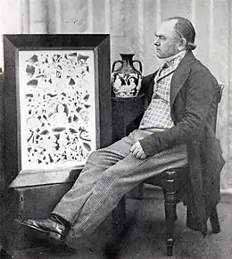 Black and white photograph of John Doubleday with the Portland Vase and an 1845 watercolour by Thomas H. Shepherd showing the shattered fragments