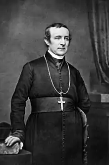 A man wearing a cassock with a fascia and pectoral cross faces forward.