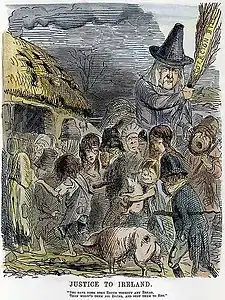 The harfoots in The Lord of the Rings: The Rings of Power speak in Irish accents and have been said to resemble John Leech's Irish peasants, as in his cartoon "Justice to Ireland".