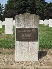 A white gravestone with a bronze plaque attached to it. Other gravestones are visible behind it