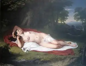 Image 36Ariadne Asleep on the Island of Naxos (1808–1812) by John Vanderlyn. The painting was initially considered too sexual for display in the Pennsylvania Academy of the Fine Arts. "Although nudity in art was publicly protested by Americans, Vanderlyn observed that they would pay to see pictures of which they disapproved." (from Nude (art))