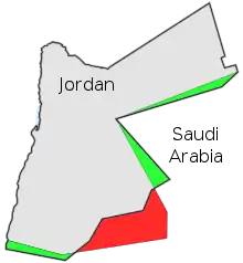 Image 19Image showing the approximate land exchanged in 1965 between Jordan (gaining green) and Saudi Arabia (gaining red). (from History of Jordan)