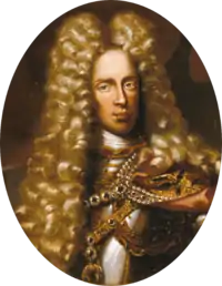 Oval painting of a man wearing an enormous curly blonde wig that reaches to his chest. Under his pretty golden tresses he wears a steel cuirass.