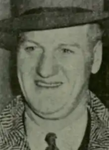 Black and white photo of a middle-aged man wearing a bowler hat, tweed overcoat, white dress shirt, and a checkered necktie