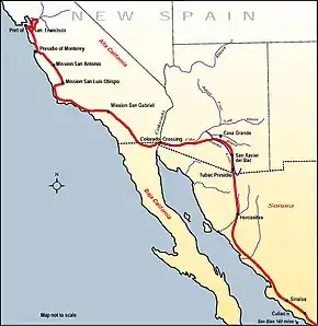 Juan Bautista de Anza's 1776 Expedition Route to found Presideo and Mission San Francisco de Asis.