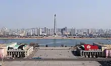 View of the Juche Tower from the roof of the Grand People's Study House