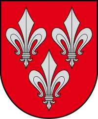 A coat of arms depicting three grey fleurs-de-lis, two directly across from each other at the top and one on the bottom, all on a red background