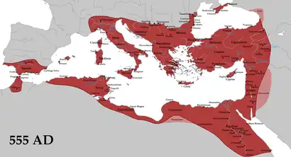 Image 52The empire in 555 under Justinian the Great, at its greatest extent since the fall of the Western Roman Empire (its vassals in pink) (from History of Turkey)