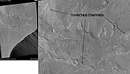 Inverted Channels near Juventae Chasma, as seen by HiRISE.  Channels were once regular stream channels. Scale bar is 500 meters long.