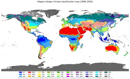 Map of world dividing climate zones, largely influenced by latitude. The zones, going from the equator upward (and downward) are Tropical, Dry, Moderate, Continental and Polar. There are subzones within these zones.