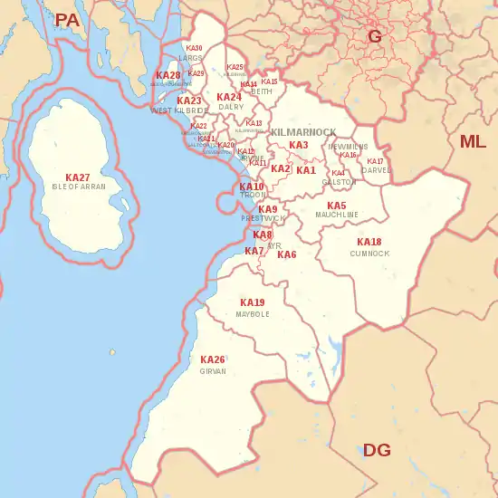 KA postcode area map, showing postcode districts, post towns and neighbouring postcode areas.