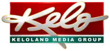 In a red box, a white thick script with the letters K E L O (the E L and O in lowercase), inside and extending beyond a red box. Beneath is a green box with the label "KELOLAND MEDIA GROUP".