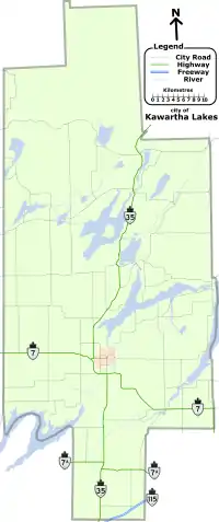 Map of Kawartha Lakes showing roads, highways, rivers, and lakes