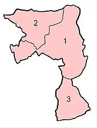 Extent of the King's Norton and Northfield Urban District, 1898-1911, showing the boundaries of its constituent civil parishes of King's Norton, Northfield and Beoley; numbered 1, 2 & 3 respectively.