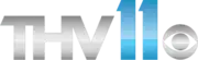 A shiny silver "T H V" in a sans serif next to a blue 11 in a sans serif and the CBS eye.