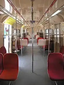 The (modified—with additional handle bars) interior of a Class 83 EMU train.