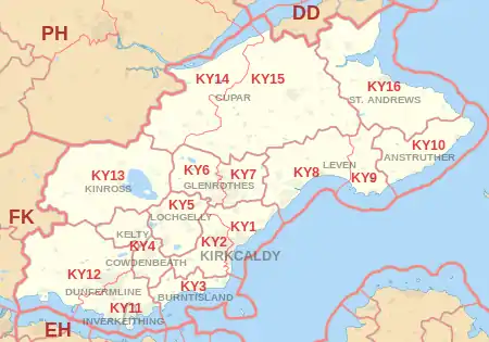 KY postcode area map, showing postcode districts, post towns and neighbouring postcode areas.