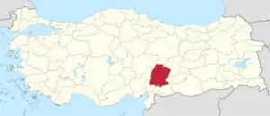 Kahramanmaraş highlighted in red on a beige political map of Turkeym