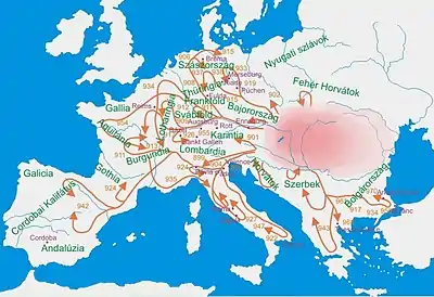 Image 17Hungarian campaigns across Europe in the 10th century. (from History of Hungary)