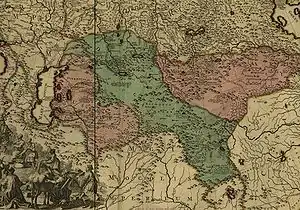 The Dzungar and Kalmyk states (a fragment of the map of Russian Empire of Peter the Great, that was created by a Swedish soldier in c. 1725)