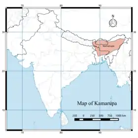 The 7th and 8th century extent of Kamarupa kingdom, located on the eastern region of the Indian subcontinent, what is today modern-day Assam, Bengal and Bhutan. Kamarupa at its height covered the entire Brahmaputra Valley, North Bengal, Bhutan and northern part of Bangladesh, and at times portions of West Bengal and Bihar.