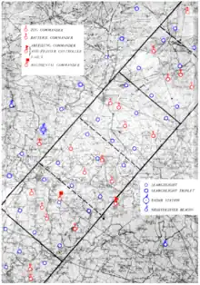 Black-and-white photograph of a gritted map indicating the position of radar stations.