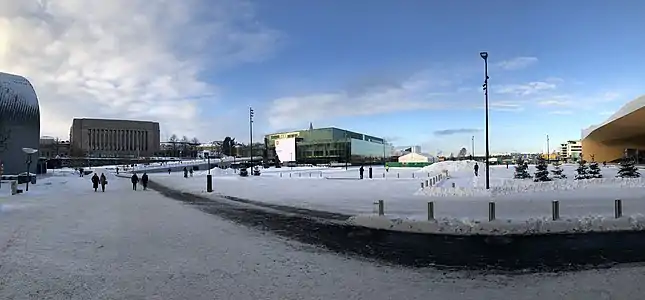 Kansalaistori Square [fi], with Helsinki Music Centre in the center and Parliament House on the left