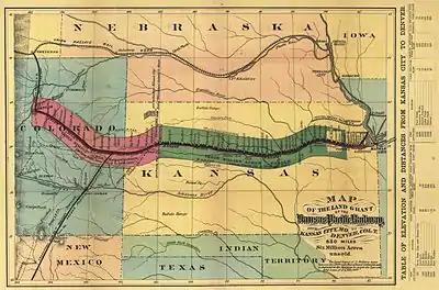 Image 18The Kansas Pacific main line shown on an 1869 map (from History of Kansas)