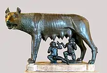 Image 30Capitoline Wolf, sculpture of the she-wolf feeding the twins Romulus and Remus, the most famous image associated with the founding of Rome. According to Livy, it was erected in 296 BC.  (from Founding of Rome)