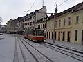 Kapucinska Street  with T6A5 tram standing at the bus stop