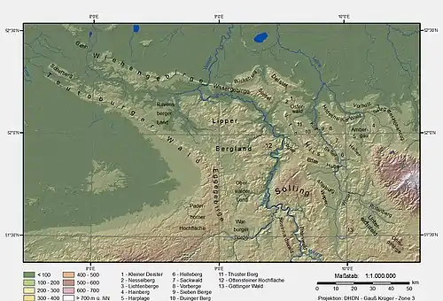 Map of the Lower Saxon Hills or Weser Uplands