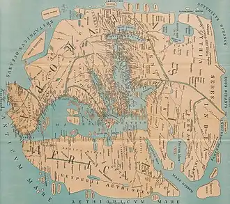 An Early world map by Pomponius Mela 43 AD. Red Sea named Arabian Sea and Persian Gulf and Oman Sea named Persian Sea.