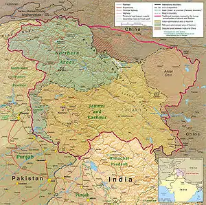 Map of the Kashmir region, showing the overlapping Chinese, Indian and Pakistani territorial claims