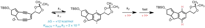 Equilibrium of kedarcidin chromophore core and Bergman-cycloaromatized biradical.