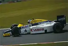 Williams switched to Canon sponsorship in 1985 and retained it until 1993. This is Keke Rosberg driving the Williams FW10 at the 1985 German Grand Prix.