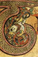 Detail of decorated initial "T" with ribbon interlace filling and interlaced animal motif, Book of Kells, c. 800