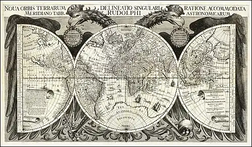 World map from Johannes Kepler's Rudolphine Tables (1627), incorporating many of the new discoveries.