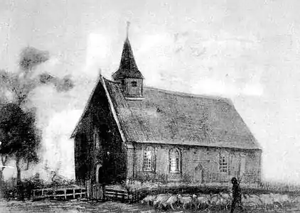 Shepherd with Flock near a Little Church at Zweeloo, Drawing, Pen and pencil, 1883, Private collection (F877)