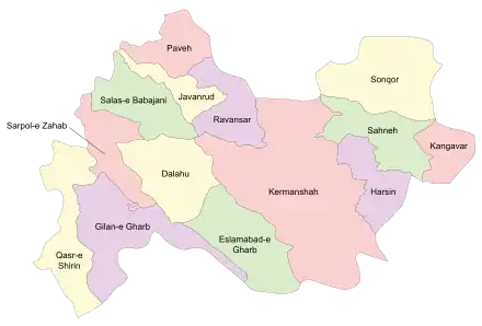 Location of Kermanshah County in Kermanshah province (center, pink)