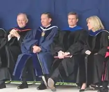 Samuelson at April 2008 BYU Commencement with Elaine S. Dalton, W. Rolfe Kerr, and David A. Bednar.