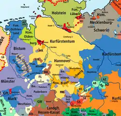 The Duchy of Oldenburg in 1789 (in the northwest, Hzm. Oldenburg, light green)