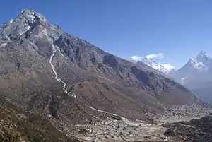 The Khumbila mountain rising above Khumjung and Kunde, two of the larger villages in the area, with Mount Everest, Lhotse and Ama Dablam in the background.