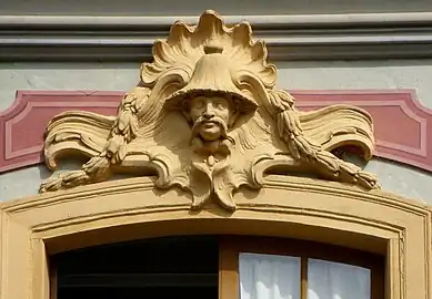 Chinoiserie mascaron above a window of the Chinese Pavilion, Ekerö Municipality, Sweden, designed by Carl Fredrik Adelcrantz, 1763–1769