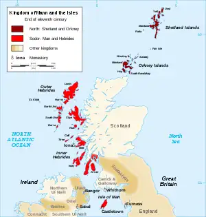 The Earldom of Orkney/Norðr in the 11th century, shaded brown, with the Kingdom of the Isles/Sodor shaded red.