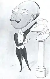 black and white drawing of a man in evening dress with a bust of the author Rudyard Kipling